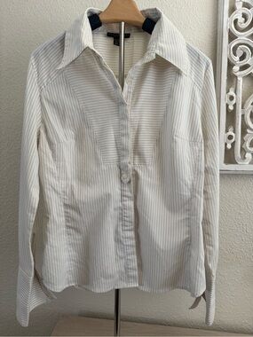 Donna Rae Striped Button-Up Blouse in White and Beige